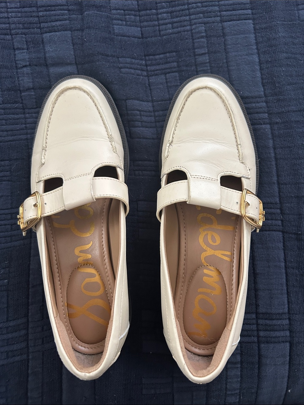 Sam Edelman Elaina Mary Jane White Loafers with Gold Buckle